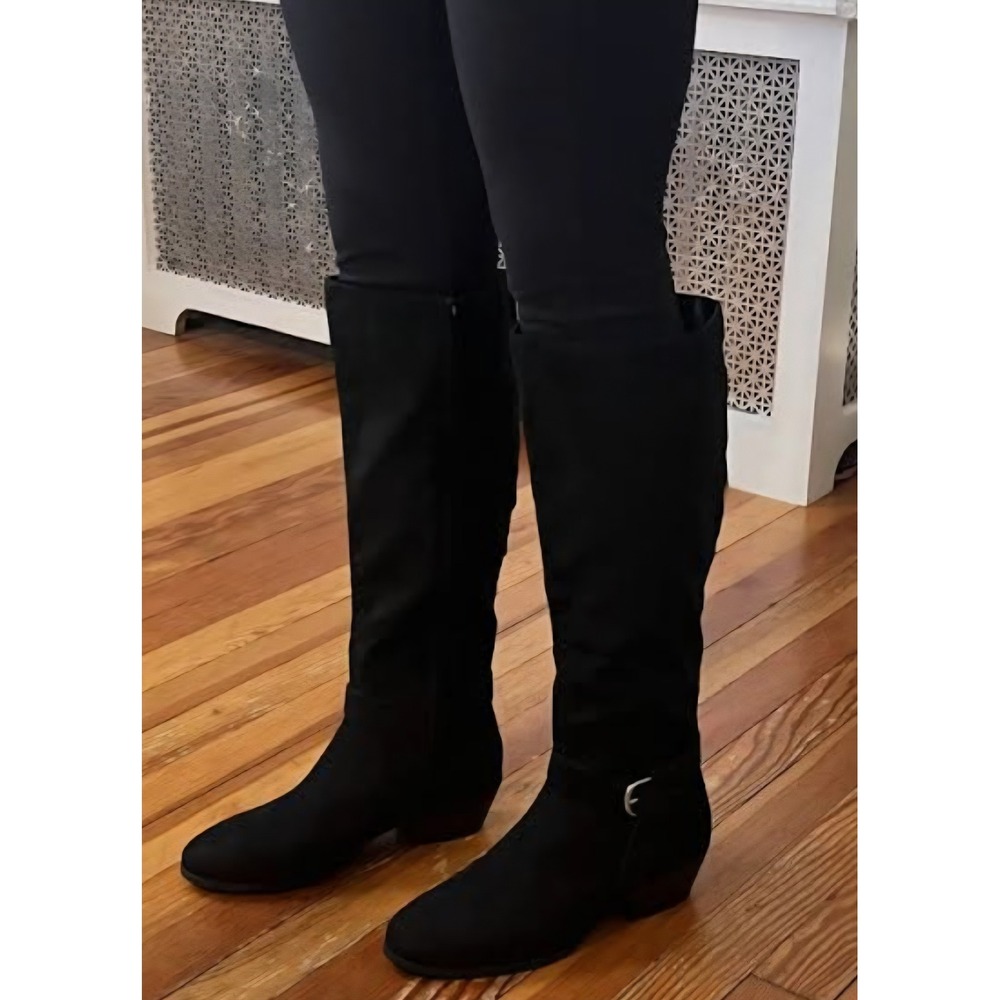 Black Faux‎ Suede Knee High Boots Block Heel Zipper Side Buckle Women's Size 6